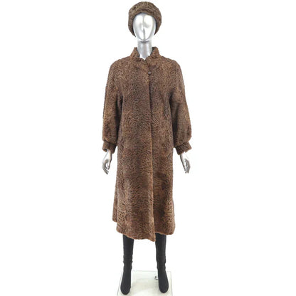 Women's Brown Persian Lamb Fur Coat with Matching Hat