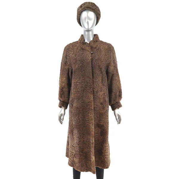 Women's Brown Persian Lamb Fur Coat with Matching Hat