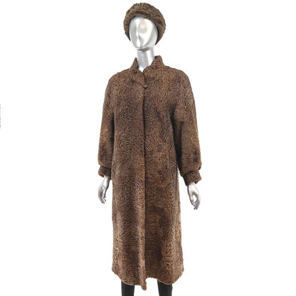 Women's Brown Persian Lamb Fur Coat with Matching Hat