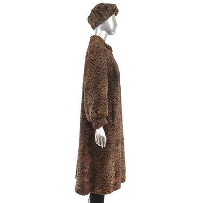 Women's Brown Persian Lamb Fur Coat with Matching Hat