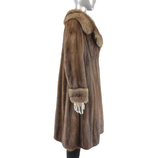 Luxurious Women's Brown Mink Fur Coat with Sable Collar and Cuffs