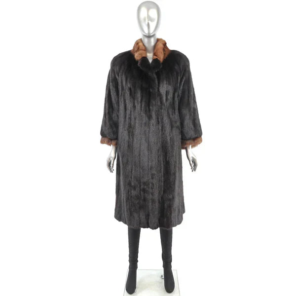 Women's Black Mink Fur Coat with Sable Trim - Luxurious Outerwear