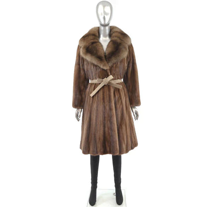 Women's Brown Mink Fur Coat with Sable Collar - Luxury Fur Outerwear