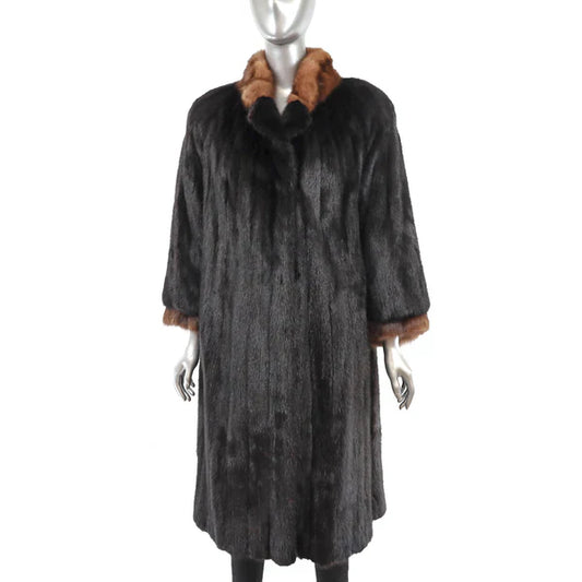 Women's Black Mink Fur Coat with Sable Trim - Luxurious Outerwear