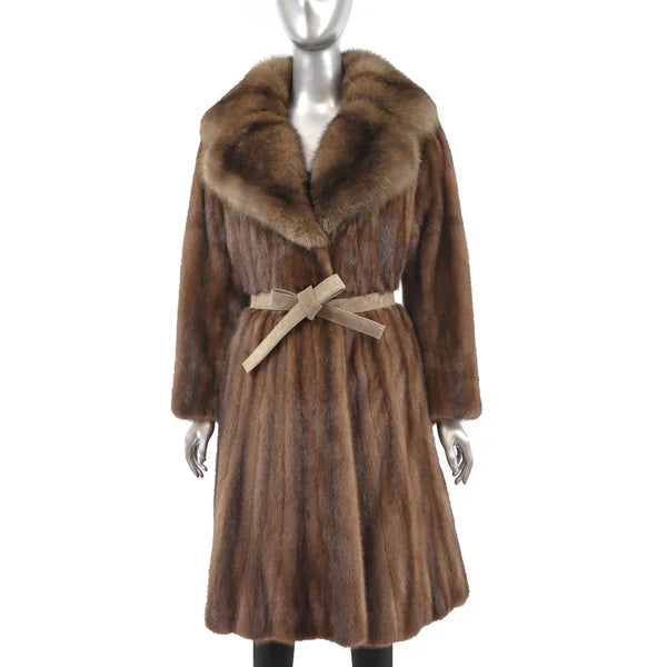 Women's Brown Mink Fur Coat with Sable Collar - Luxury Fur Outerwear