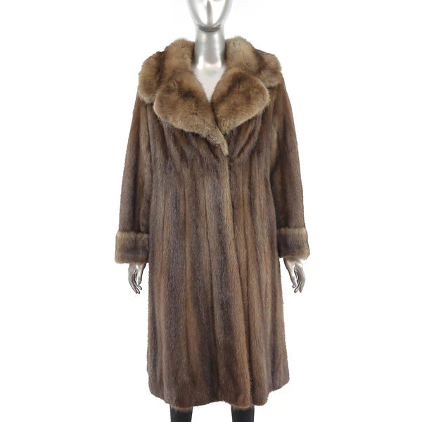 Luxurious Women's Brown Mink Fur Coat with Sable Collar and Cuffs