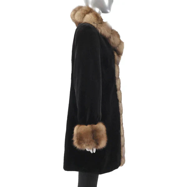 Women's Sheared Mink Fur Coat - Sable Tuxedo & Cuffs