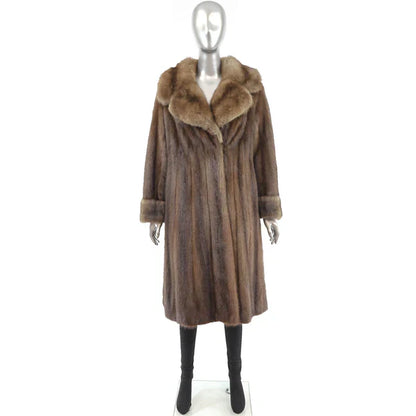 Luxurious Women's Brown Mink Fur Coat with Sable Collar and Cuffs