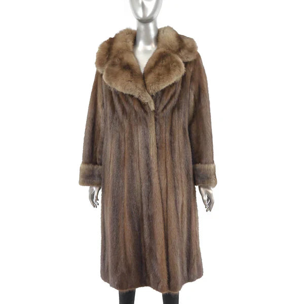 Luxurious Women's Brown Mink Fur Coat with Sable Collar and Cuffs