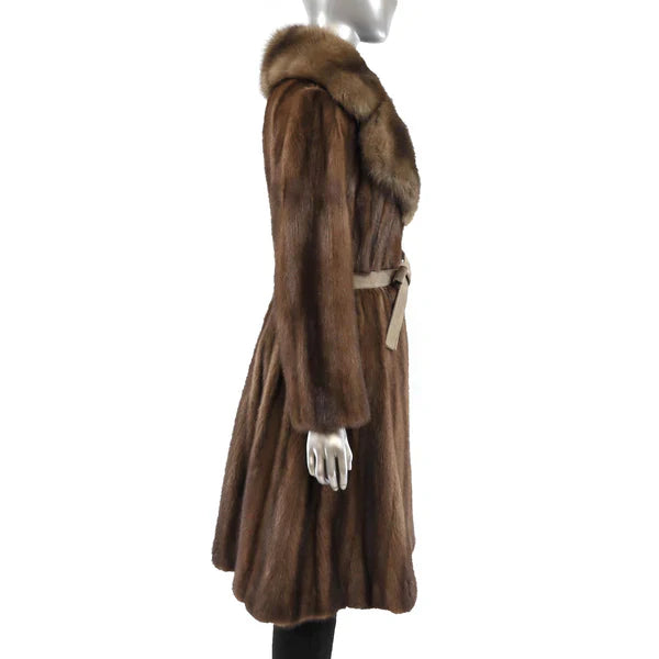 Women's Brown Mink Fur Coat with Sable Collar - Luxury Fur Outerwear