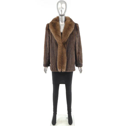 Women's Brown Corded Mink Fur Jacket - Fox Tuxedo Trim