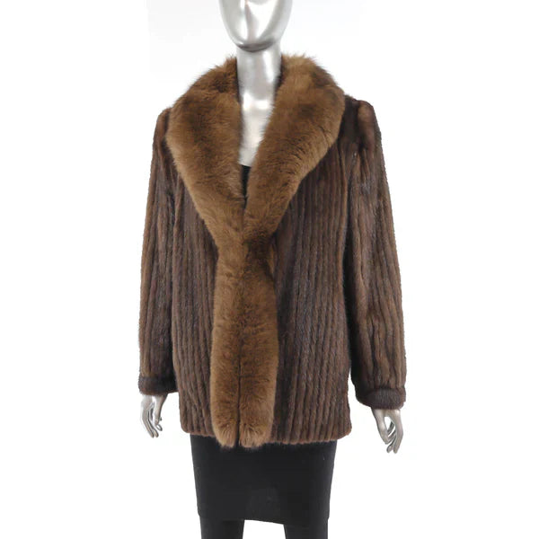 Women's Brown Corded Mink Fur Jacket - Fox Tuxedo Trim