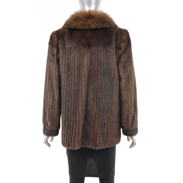 Women's Brown Corded Mink Fur Jacket - Fox Tuxedo Trim