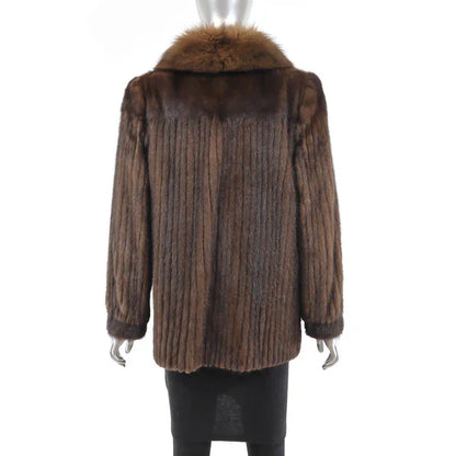 Women's Brown Corded Mink Fur Jacket - Fox Tuxedo Trim