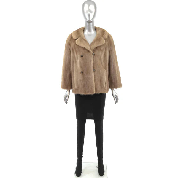 Women's Light Brown Mink Fur Jacket - Raccoon Fur Collar