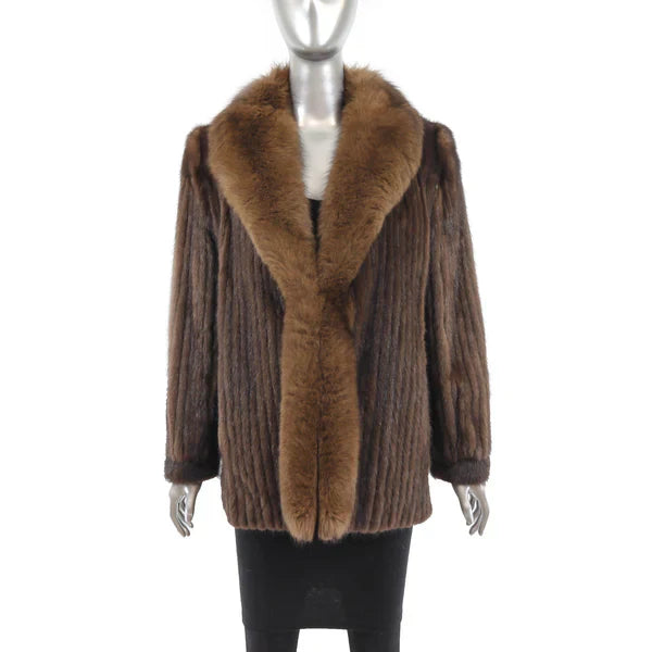 Women's Brown Corded Mink Fur Jacket - Fox Tuxedo Trim