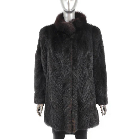 Women's Dark Brown Section Mink Stroller with Fox Collar - Luxury Outerwear