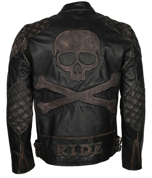 Mens Skull & Bones Embossed Distressed Black Motorcycle Genuine Leather Jacket