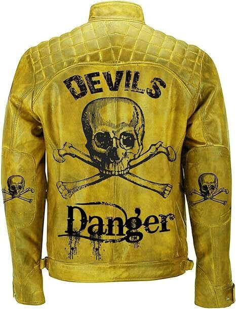 MEN’S DEVIL SKULL VINTAGE BIKER MOTORCYCLE DISTRESSED YELLOW REAL LEATHER