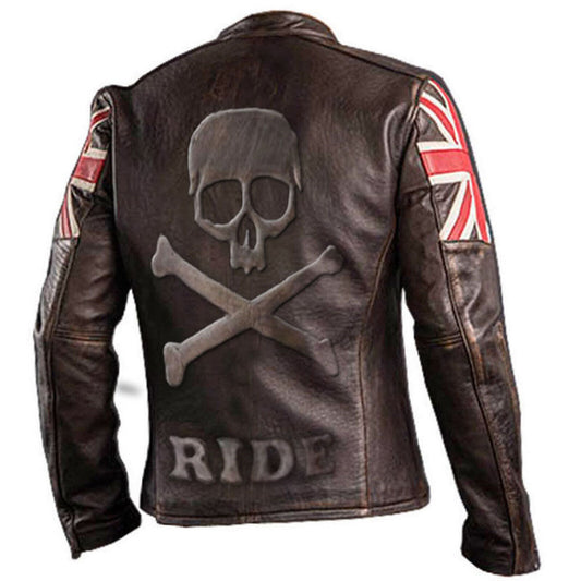 Mens Vintage UK Flag Distressed Brown Crossbones Skull Biker Leather Jacket