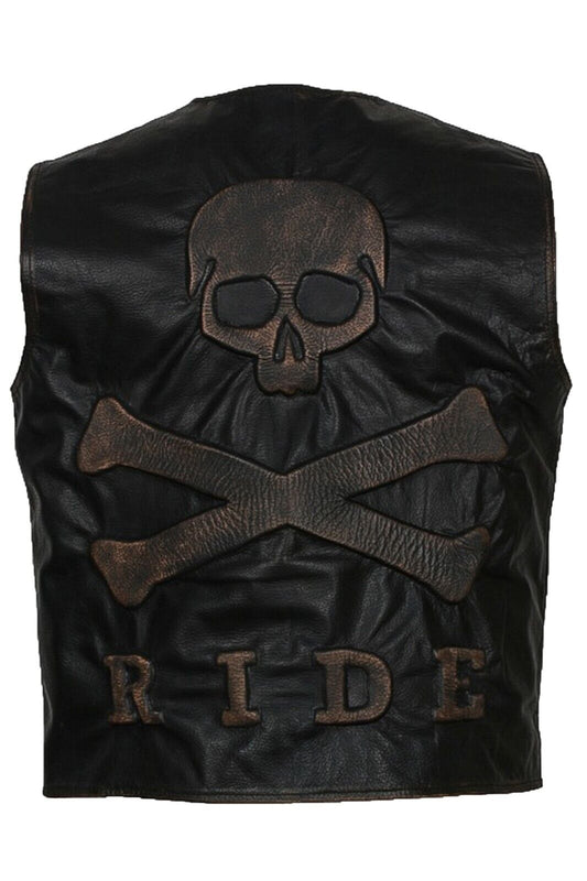 Haides Skeleton Vest Embossed Skull and Crossbones Black Distressed Leather