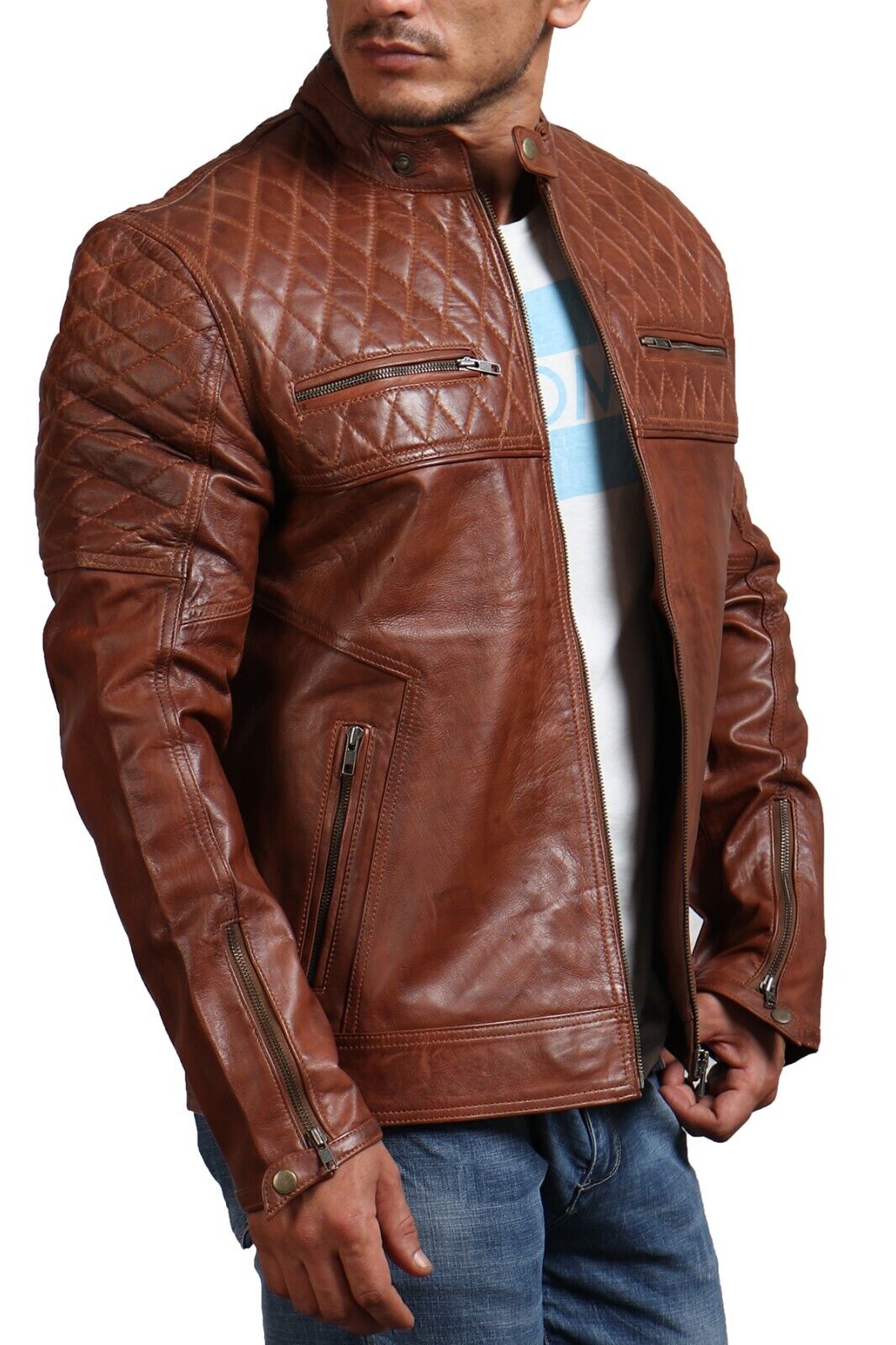 Diabolus Brown Leather Jacket Men Diamond Quilted Pattern Biker Jacket Men