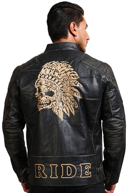 Amerind Mens Leather Jacket Cowhide Laser Engrave Indian Skull Motorcycle Jacket