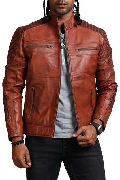 Brown Leather Jacket Men Gusset Cuffs Brown Waxed Tan Men's Biker Jacket