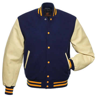 Baseball Varsity Navy Blue Body and Cream Leather Sleeves Letterman Jacket