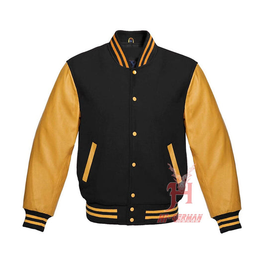 Varsity Men's Letterman Baseball Black Wool Genuine Gold Leather Sleeves Jackets