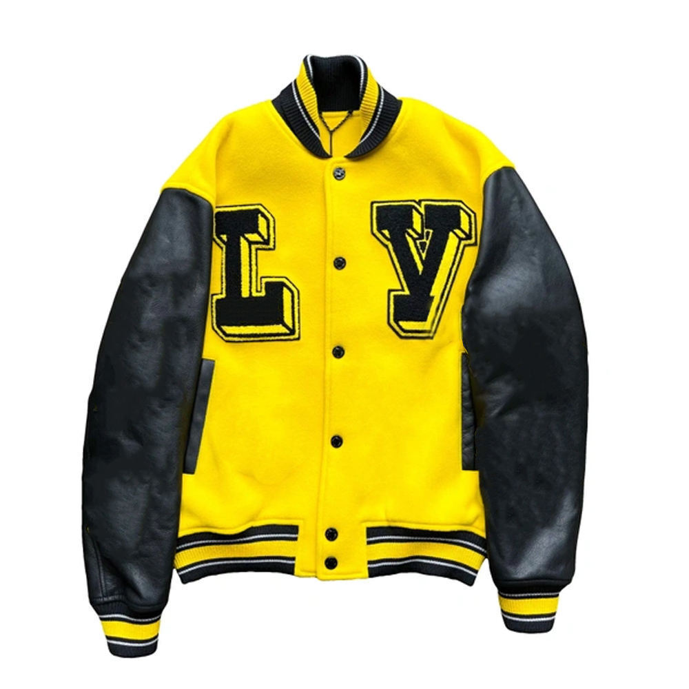 Men Varsity Letterman bomber Jacket Yellow Wool Body And Cowhide Leather Sleeves