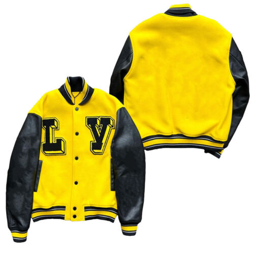 Men Varsity Letterman bomber Jacket Yellow Wool Body And Cowhide Leather Sleeves