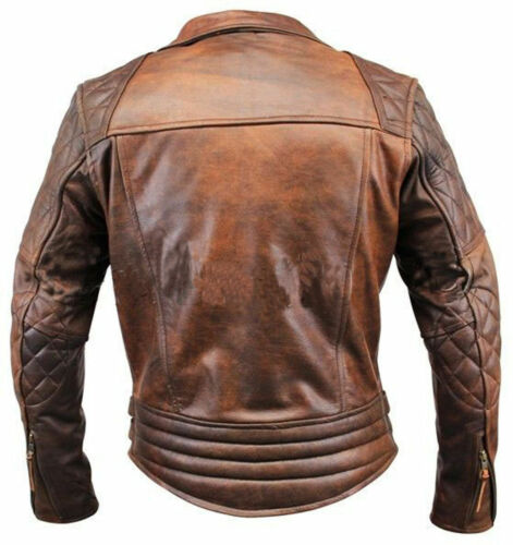 Mens Biker Motorcycle Vintage Distressed Brown Real Leather Jacket