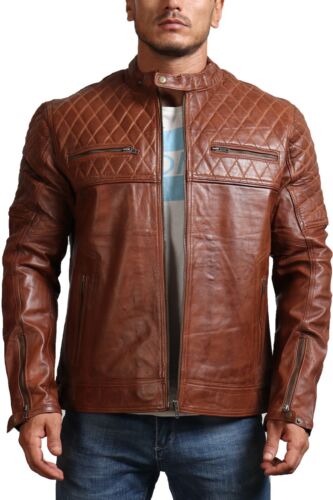 Diabolus Brown Leather Jacket Men Diamond Quilted Pattern Biker Jacket Men