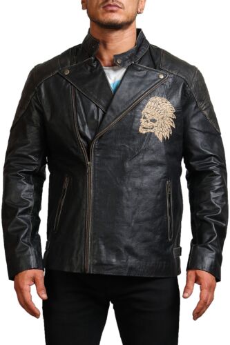 Amerind Mens Leather Jacket Cowhide Laser Engrave Indian Skull Motorcycle Jacket