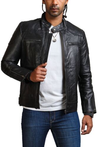 Apollo Leather Jacket Men Biker Stand Collar Snap Motorcycle Jacket Men