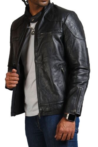 Apollo Leather Jacket Men Biker Stand Collar Snap Motorcycle Jacket Men