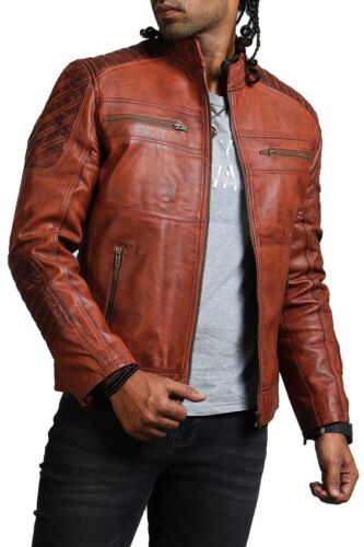 Brown Leather Jacket Men Gusset Cuffs Brown Waxed Tan Men's Biker Jacket