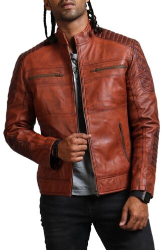 Brown Leather Jacket Men Gusset Cuffs Brown Waxed Tan Men's Biker Jacket