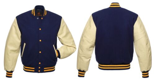 Baseball Varsity Navy Blue Body and Cream Leather Sleeves Letterman Jacket