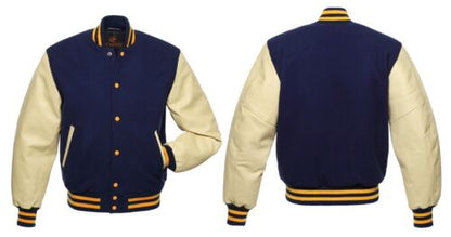 Baseball Varsity Navy Blue Body and Cream Leather Sleeves Letterman Jacket