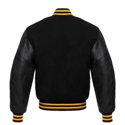 Varsity Bomber Letterman Black Wool & Real Cowhide Leather Sleeves Jackets