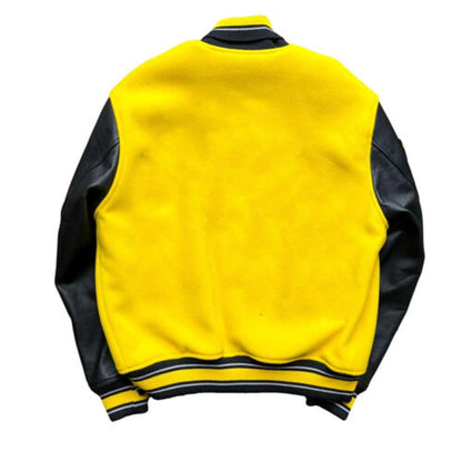 Men Varsity Letterman bomber Jacket Yellow Wool Body And Cowhide Leather Sleeves