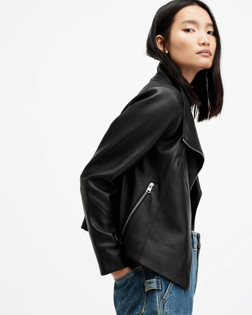 Gray Funnel Neck Draped Leather Jacket