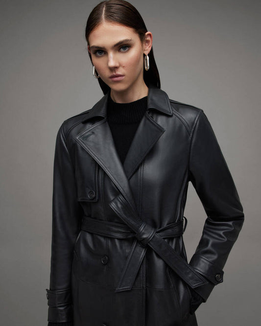 Okena Double Breasted Leather Trench Coat