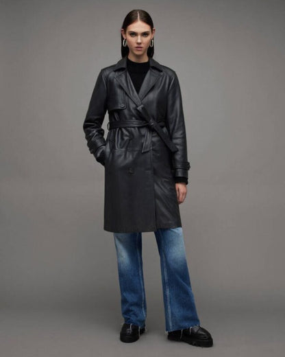 Okena Double Breasted Leather Trench Coat