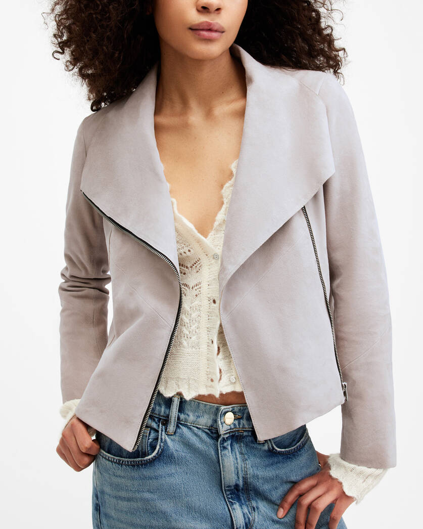 Gray Funnel Neck Draped Suede Jacket