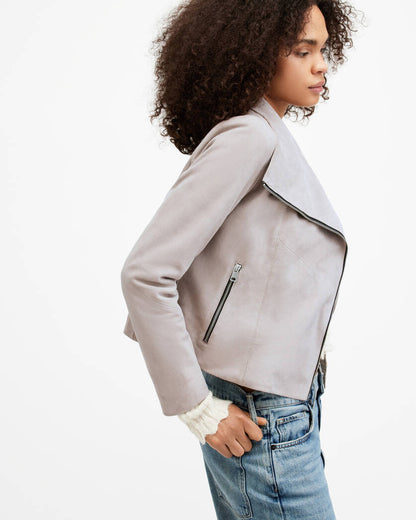 Gray Funnel Neck Draped Suede Jacket